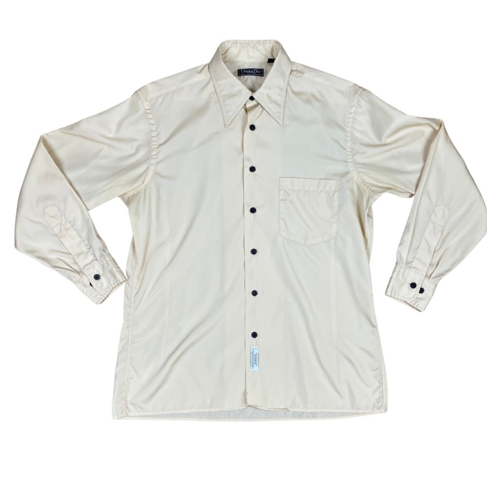 Vintage 70s Ivory Christian Dior‎ Disco Long Sleeve Shirt, Size 16 (32-33)